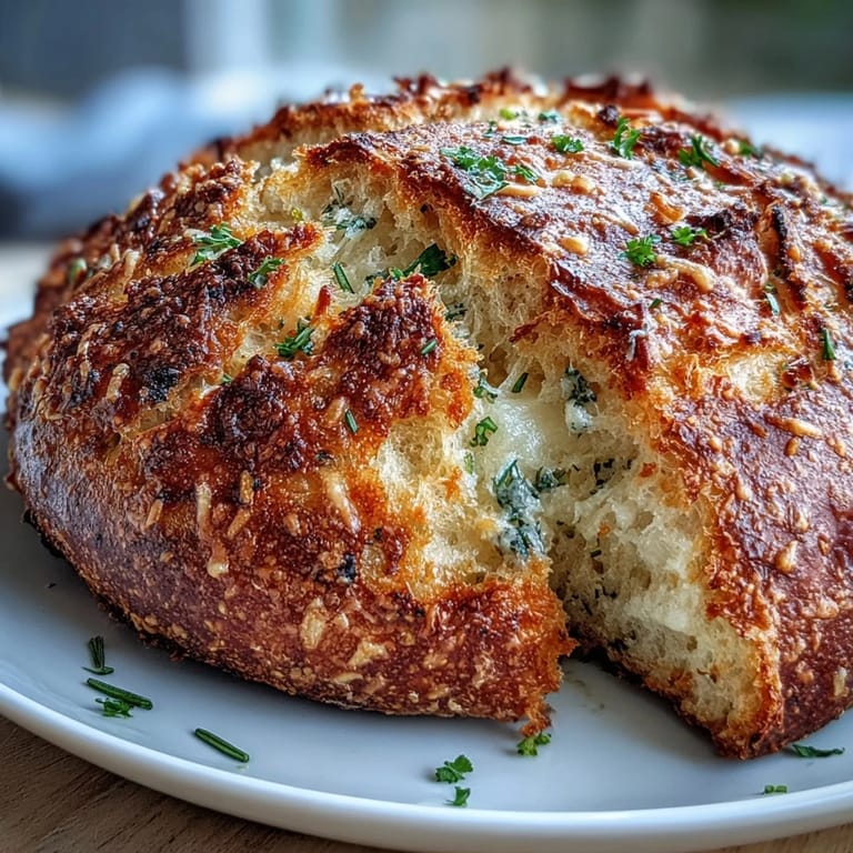 Freshly sliced Perfect Parmesan Garlic Artisan Bread reveals a soft, cheesy, garlicky interior crumb.