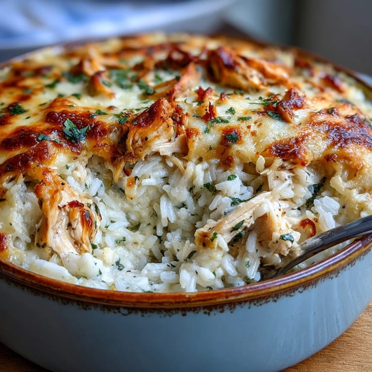 Close up of Creamy Garlic Chicken & Rice Casserole in a serving dish, garnished with fresh herbs and ready to pair with a crisp green salad.
