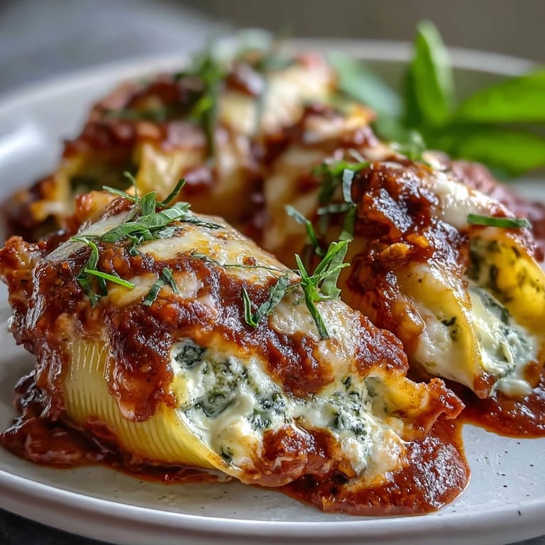 Tender jumbo shells filled with ricotta and pesto chicken sit in rich marinara, garnished with fresh basil leaves.