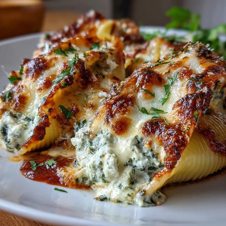 A close-up of Pesto Lasagna Stuffed Shells shows golden cheese, saucy layers, and a side salad for a hearty Italian-American dinner.