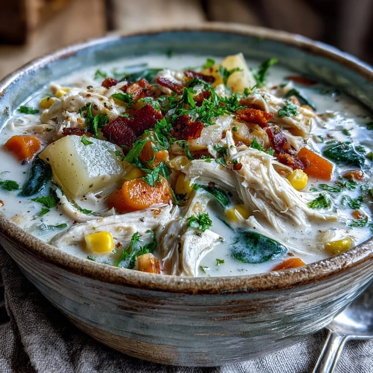 Homemade Ranch Chicken Veggie Soup features vibrant spinach, diced carrots, and bell peppers in a creamy broth.