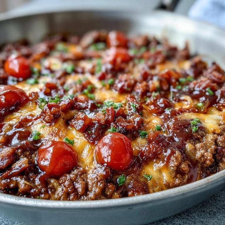Sizzling ground beef and onions simmer in sugar-free BBQ sauce, topped with fresh green onions and sesame seeds for garnish.