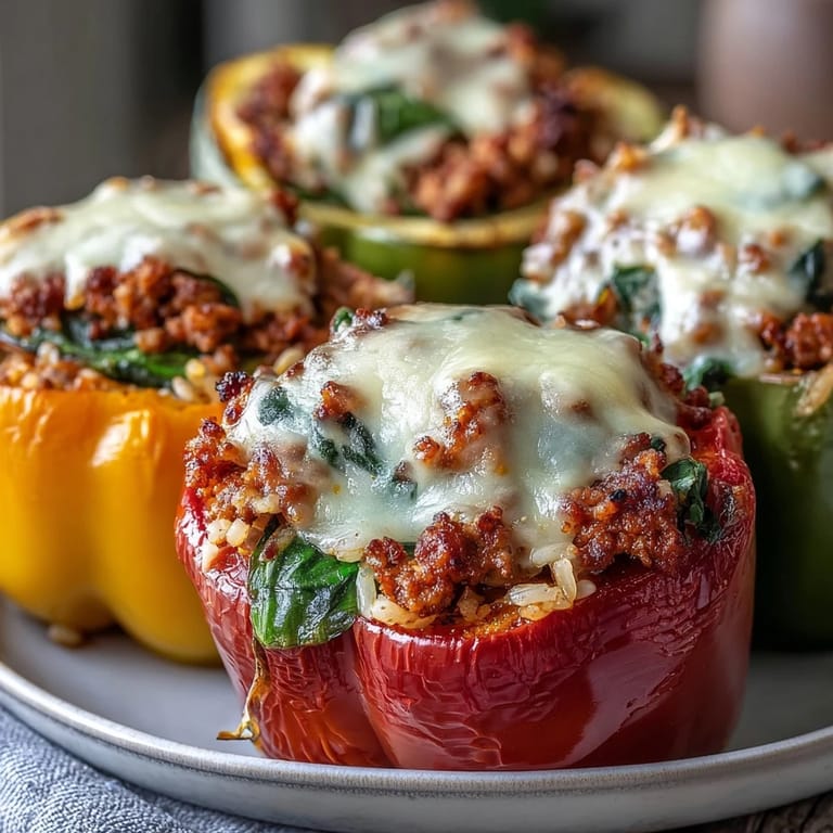 Four colorful Turkey and Veggie Stuffed Bell Peppers served on a white plate with a side salad.