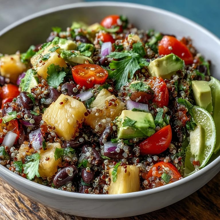 Bright bowl of Tropical Quinoa Salad with Pineapple and Black Beans with red bell pepper, tomatoes, and cilantro.