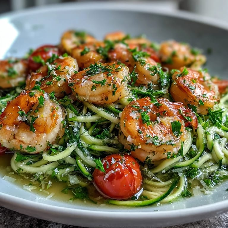 Plated Skinny Shrimp Scampi with Zucchini Noodles, topped with Parmesan and cherry tomatoes alongside a glass of white wine.