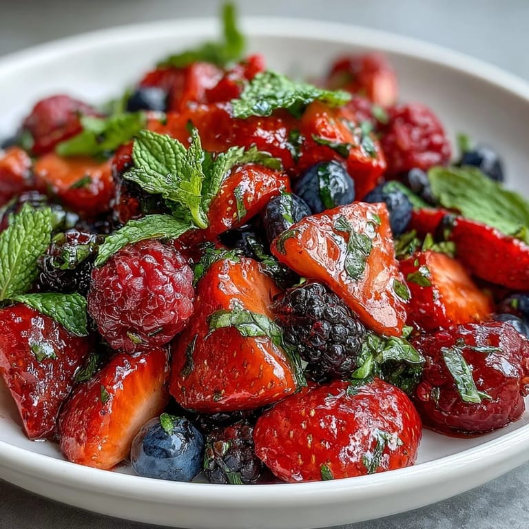 A close-up of Fresh Summer Berry Salad with Mint and Honey, featuring juicy berries and chopped mint leaves on a rustic wooden table. 