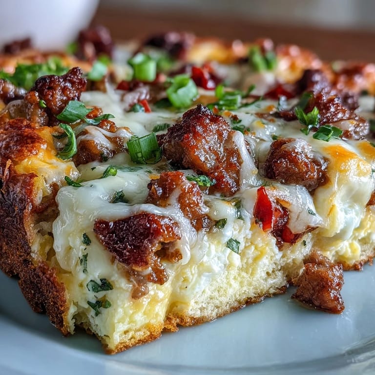 A close-up slice of Keto Sausage and Egg Breakfast Bake with Peppers, revealing fluffy eggs, savory sausage, and colorful diced peppers.
