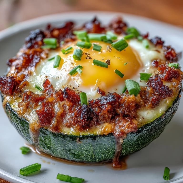 Savory zucchini nests filled with smoky bacon and perfectly baked eggs, offering a delicious keto-friendly morning meal with golden, crunchy edges.