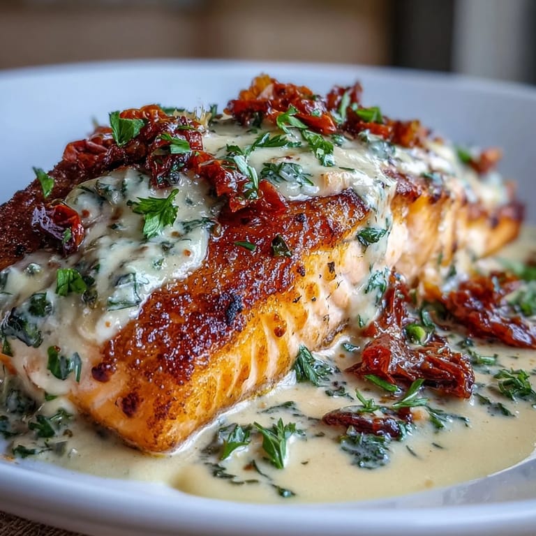 Golden seared salmon in a velvety Parmesan and cream sauce, topped with sun-dried tomatoes and Italian herbs for a cozy meal.