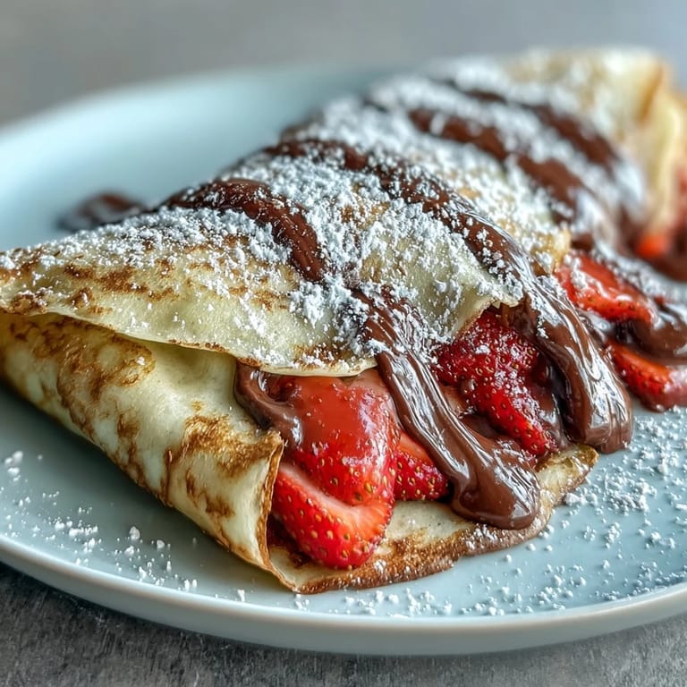 Golden crêpes folded with rich Nutella and fresh strawberries, a sweet treat for Galentine's brunch gatherings.  