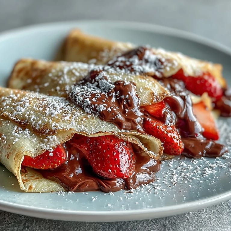 Fluffy crêpes layered with Nutella and sliced strawberries, served with whipped cream for a festive Galentine's brunch.