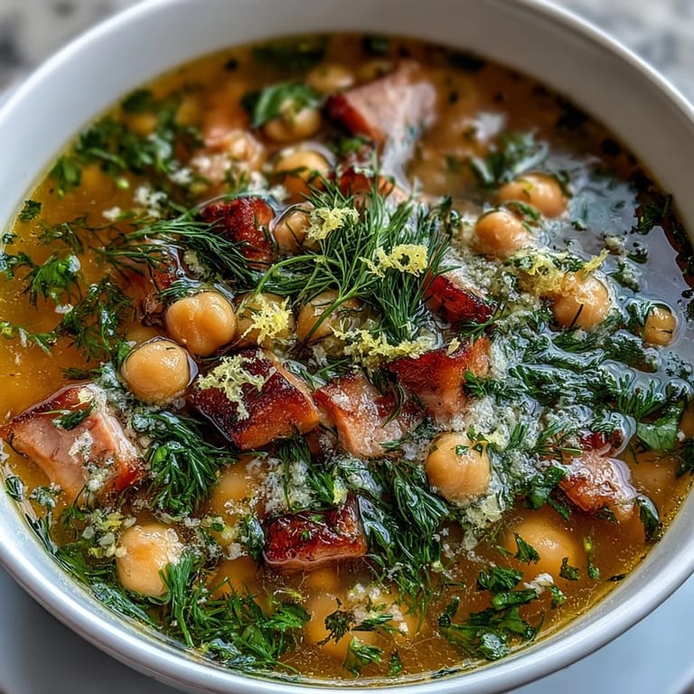 Close-up of a savory ham and chickpea soup, featuring creamy chickpeas, diced ham, and a sprinkle of fresh dill.
