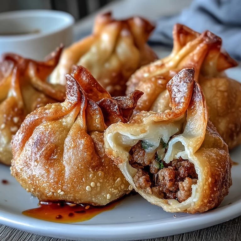 Golden, crunchy pork dumplings with a savory filling, paired with a bold chili oil for a perfect Asian-inspired snack.  