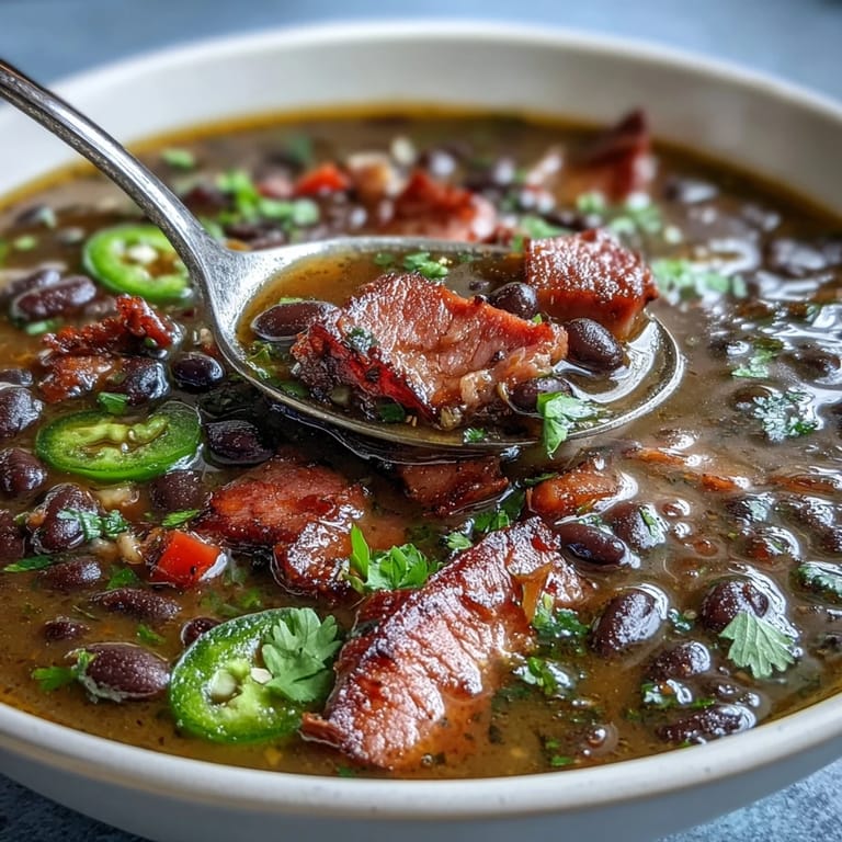 Spicy black bean and ham soup with jalapeños, simmered with carrots, celery, and garlic for a warming winter meal.