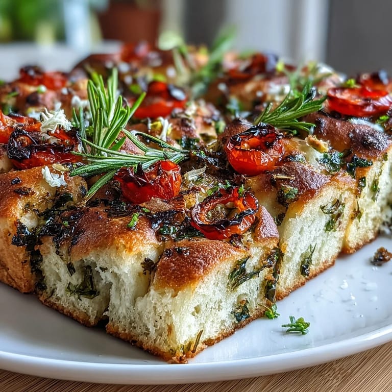 Gorgeous focaccia bread decorated with herb stems, bell pepper flowers, and zucchini petals—ideal for festive gatherings.  