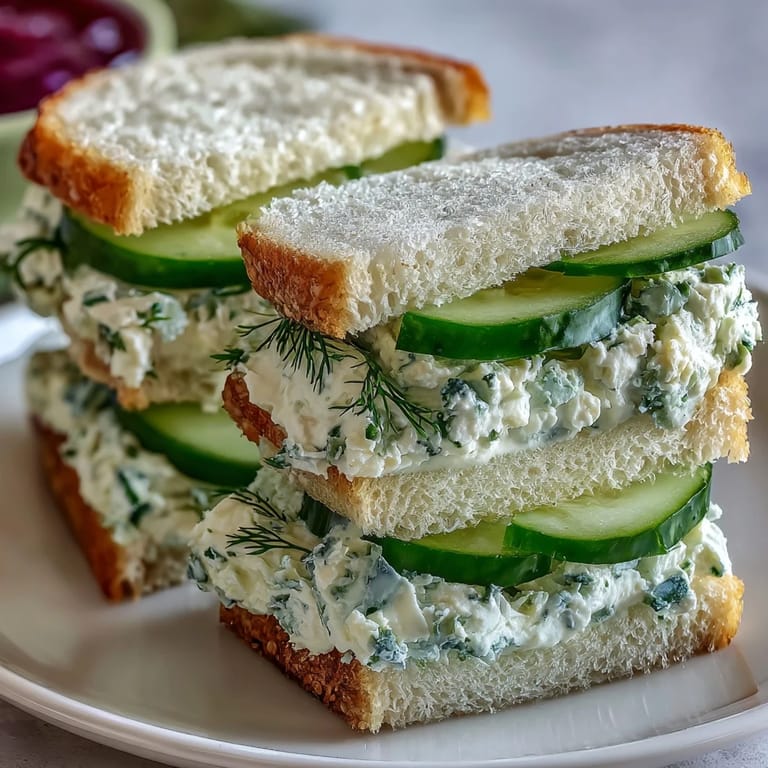 Crisp cucumber slices and herbed cream cheese fill soft crustless bread in these traditional English cucumber tea sandwiches, ideal for brunches.