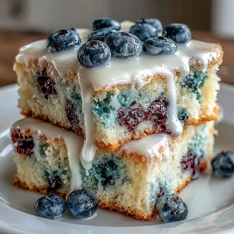 A vibrant sheet cake dotted with fresh blueberries and topped with a zesty lemon icing, ideal for festive gatherings.