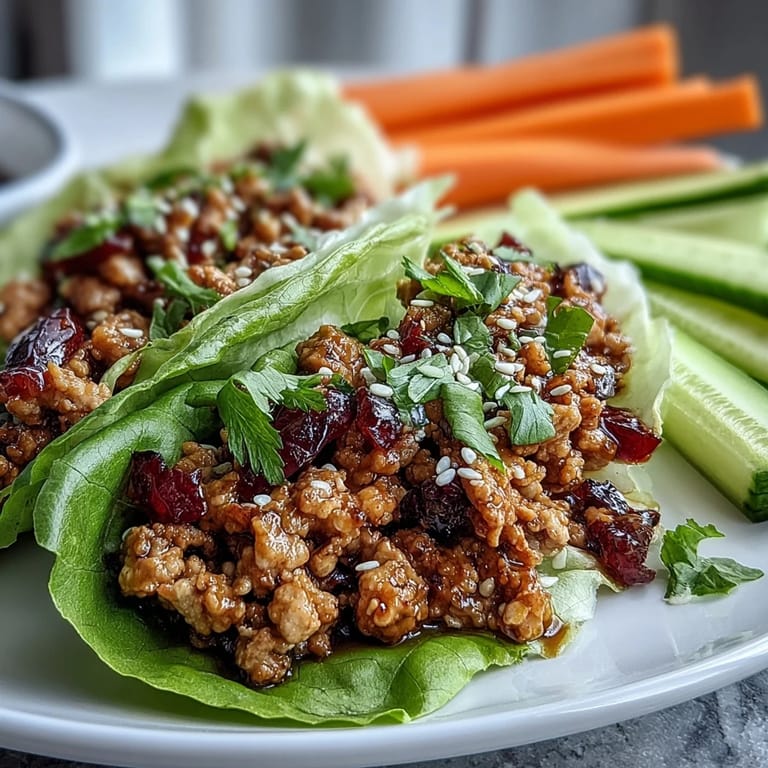 Colorful lettuce wraps filled with savory turkey and served alongside vibrant crunchy veggie sticks for a satisfying, nutritious plate.  