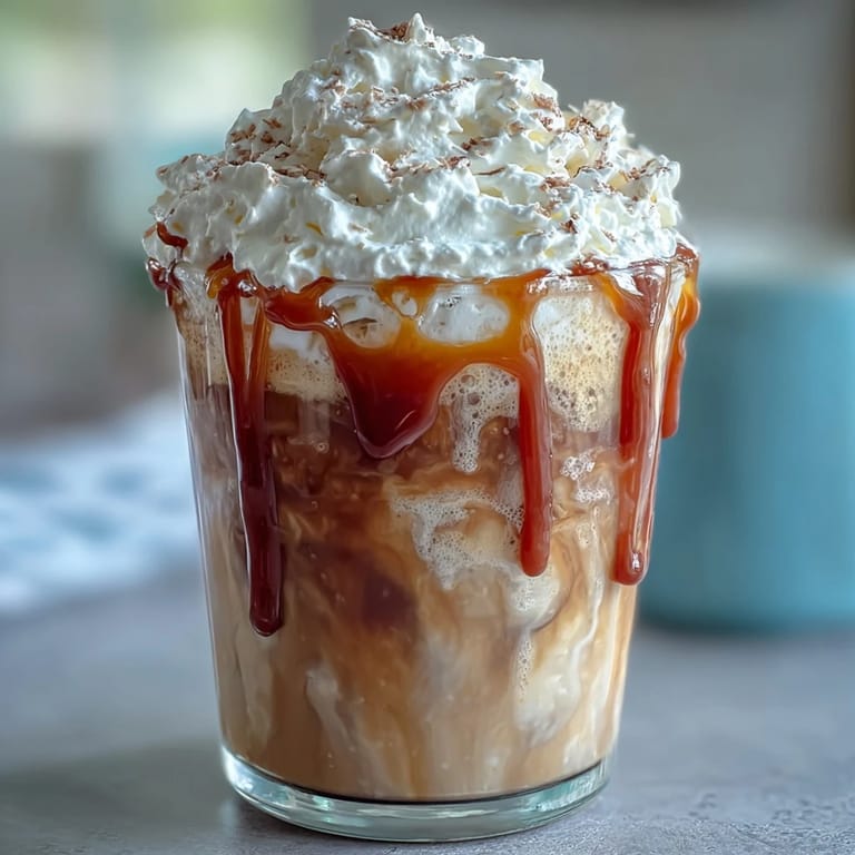 Refreshing iced coffee drink featuring real vanilla bean, smooth ice cream, and caramel sauce, perfect for warm afternoons.