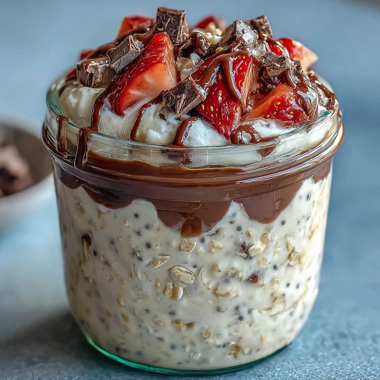 Luscious strawberry chocolate chunk overnight oats with layers of fresh strawberries and chocolate in a mason jar.