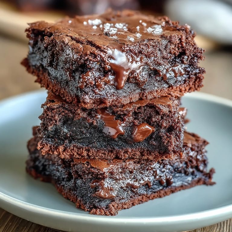 Gooey Triple Chocolate Sourdough Brownies baked to a crackly top with melted chocolate chunks throughout each square.