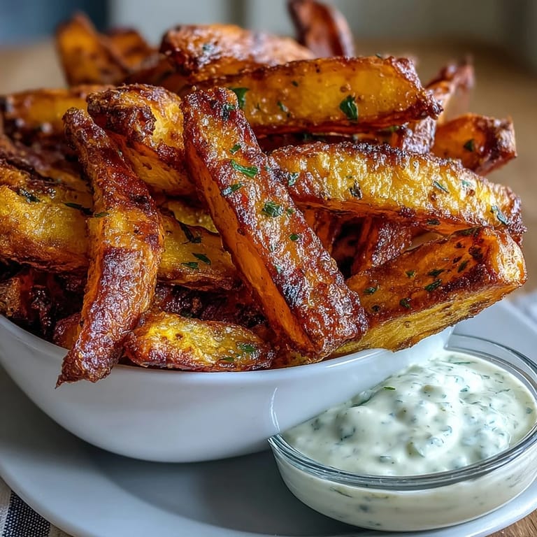 Homemade sweet potato fries in the air fryer, perfectly seasoned and paired with rich garlic aioli for a delicious vegetarian appetizer.  