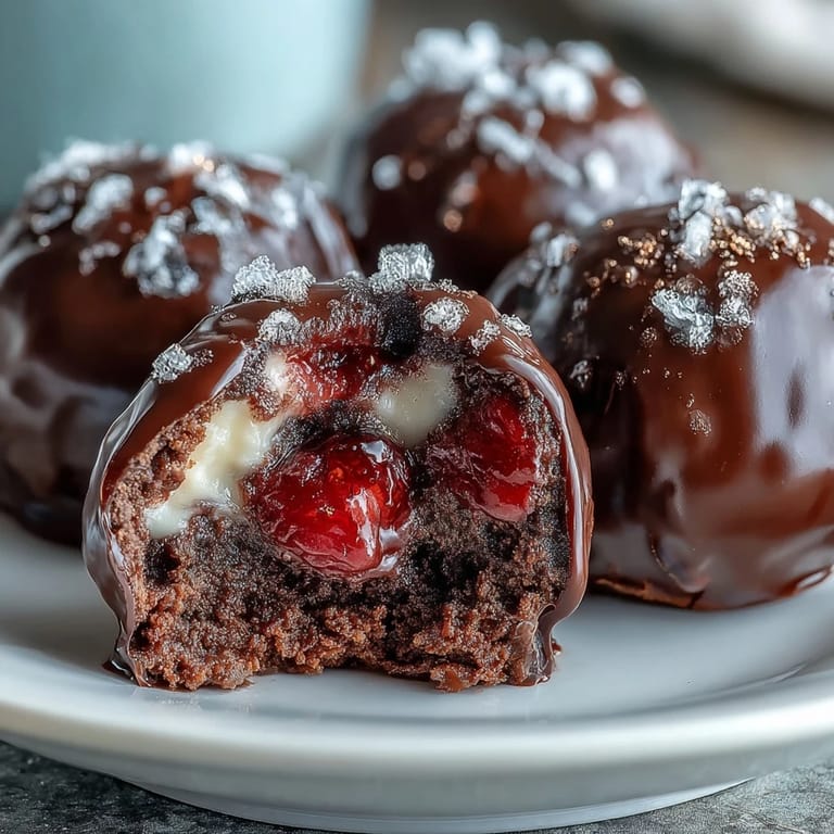 Elegant strawberry chocolate truffles with rich ganache center, coated in dark chocolate and shimmering gold dust.