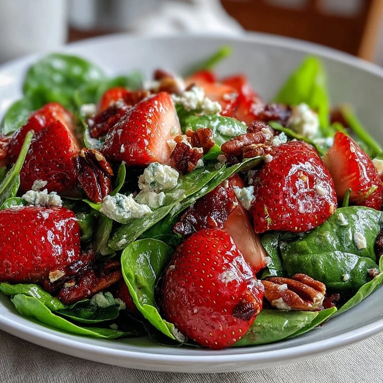 A colorful mix of baby spinach, ripe strawberries, and toasted pecans, topped with crumbled feta and drizzled with sweet-tart poppy seed dressing for a refreshing salad.  