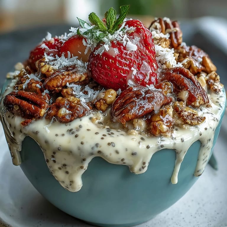 A colorful jar of Healthy Easy Overnight Oats with Strawberry and Chia, topped with fresh fruit and nuts for a nourishing start.