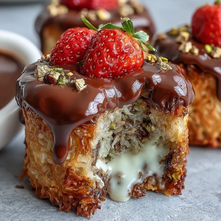 Luxurious Dubai Chocolate Strawberry Cups: golden kataifi cups with dark chocolate base, luscious pistachio cream, and vibrant strawberry topping.