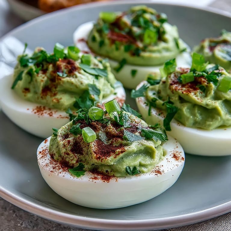 Bright green avocado deviled eggs with a smooth, creamy center, garnished with paprika for a zesty spring treat.