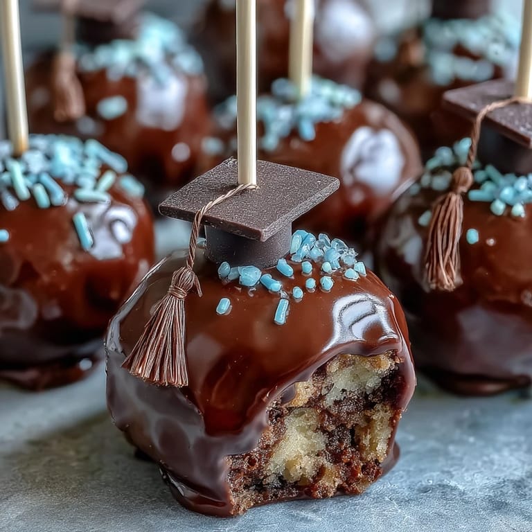 Close-up of moist cake pop balls dipped in vibrant candy melts, topped with edible glitter and chocolate tassels.  