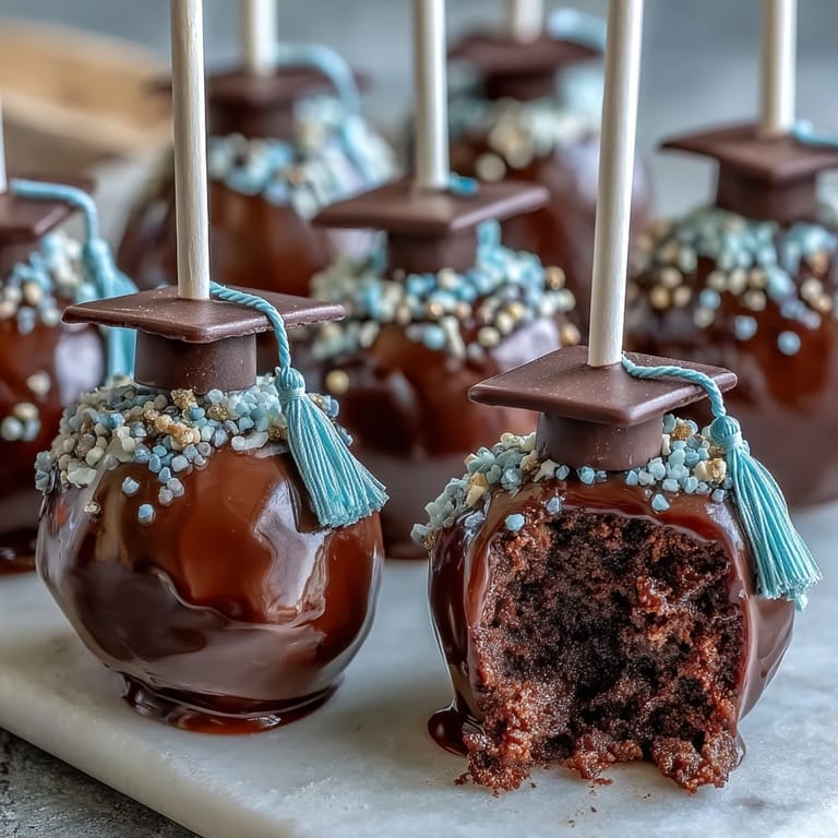 Colorful graduation cake pops arranged in a display, each coated in school-colored chocolate and finished with fondant decorations.