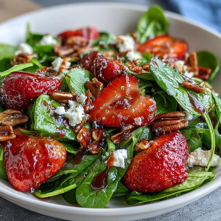 Fresh spinach salad topped with juicy strawberries, crumbled goat cheese, and sweet candied pecans, served with a homemade balsamic dressing.