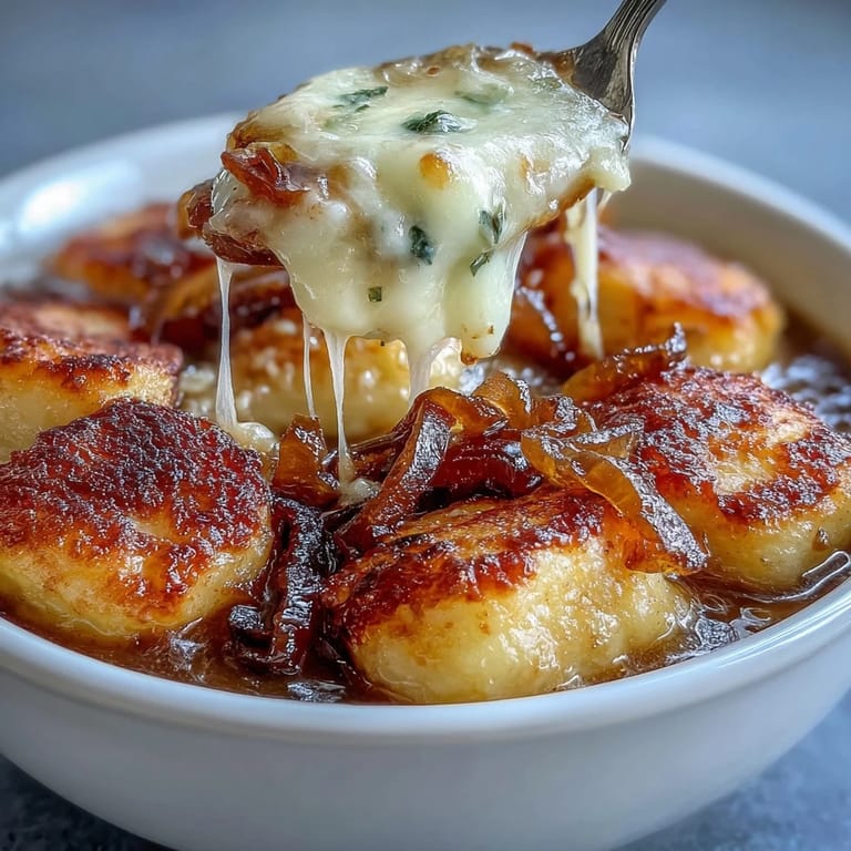 Rich caramelized onion broth with tender gnocchi, bubbling cheese, and crispy toasted bread slices.