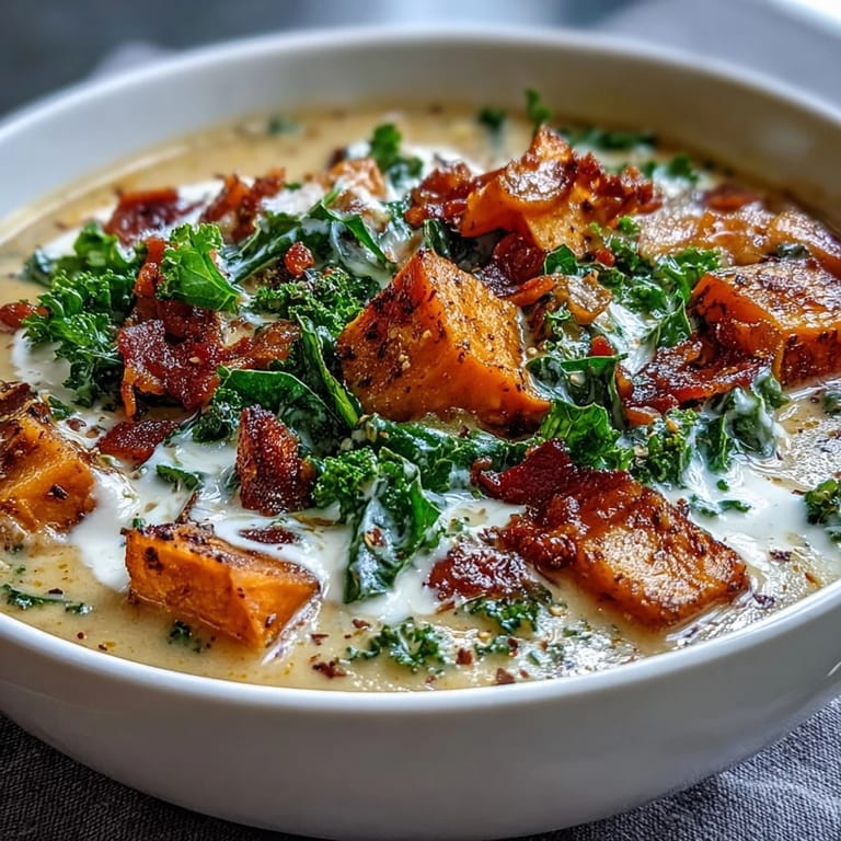 Creamy chowder with sweet potatoes, smoky spices, and hearty kale, topped with golden pancetta bits.
