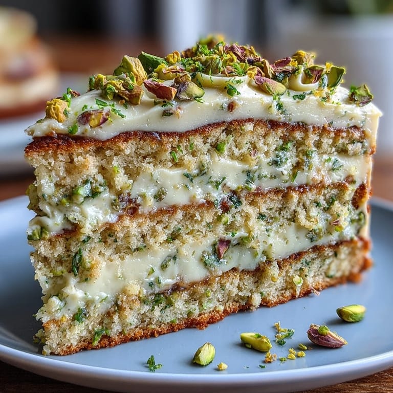 Festive slice of Spring Birthday Lemon Pistachio Cake, ready for celebration.