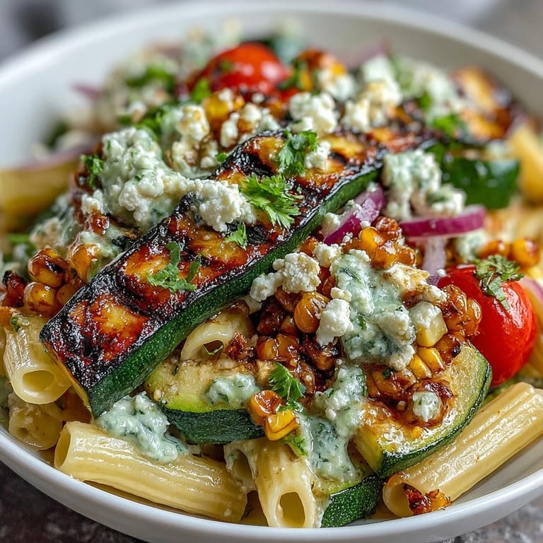 Summer pasta salad bursting with smoky grilled zucchini and fresh corn.