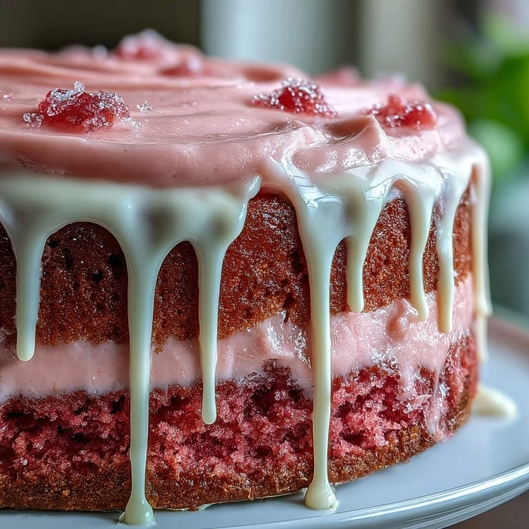 Layered blush velvet cake infused with rosé wine, finished with creamy frosting and a shimmering gold drip for bridal shower elegance.