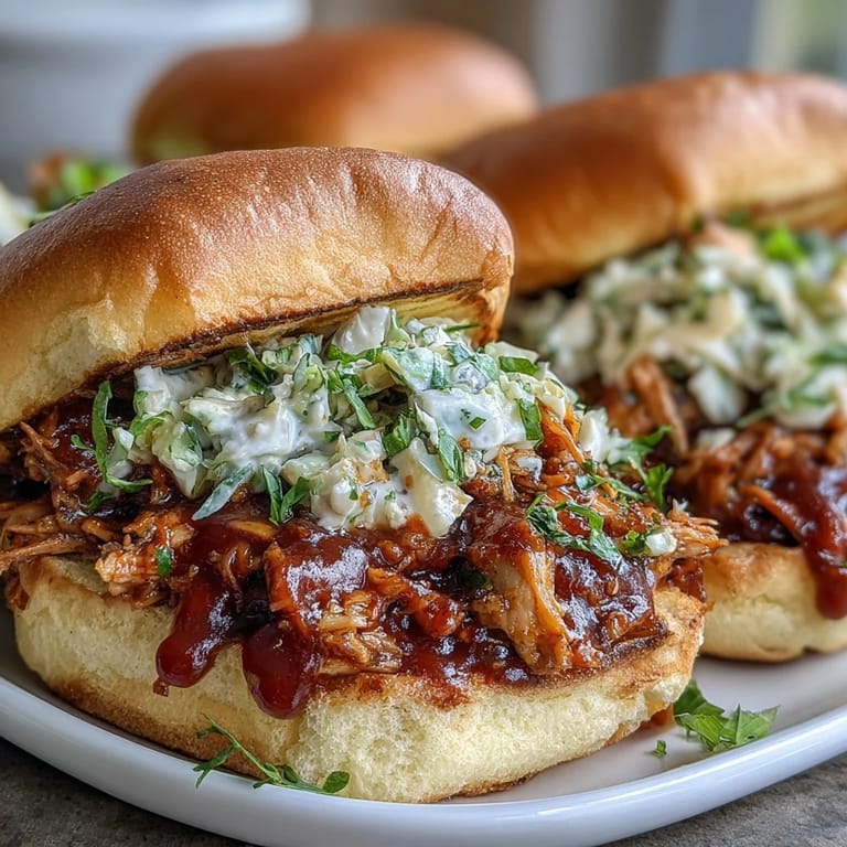Smoky BBQ Pulled Jackfruit Sandwiches, piled high with tangy coleslaw.