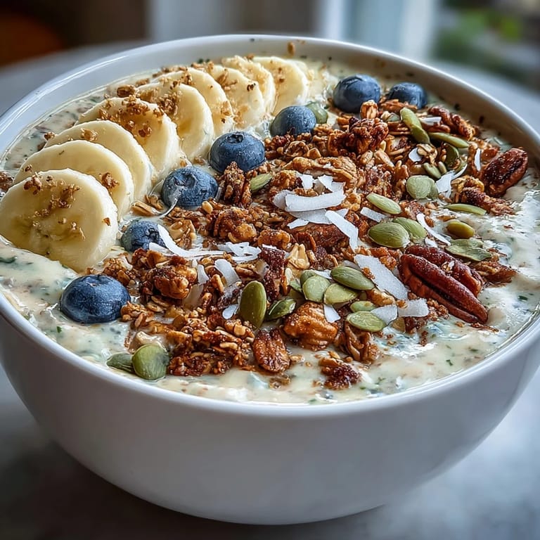 A visually appealing high fiber smoothie bowl, artfully arranged with fresh fruit and granola.