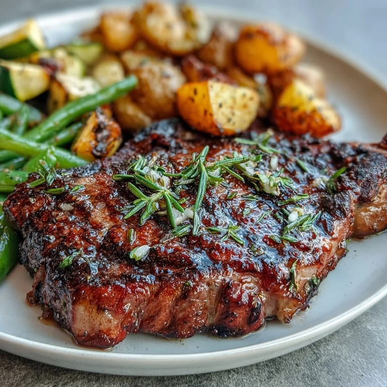 Roasted vegetables and perfectly cooked Father's Day steak and potato sheet pan dinner.