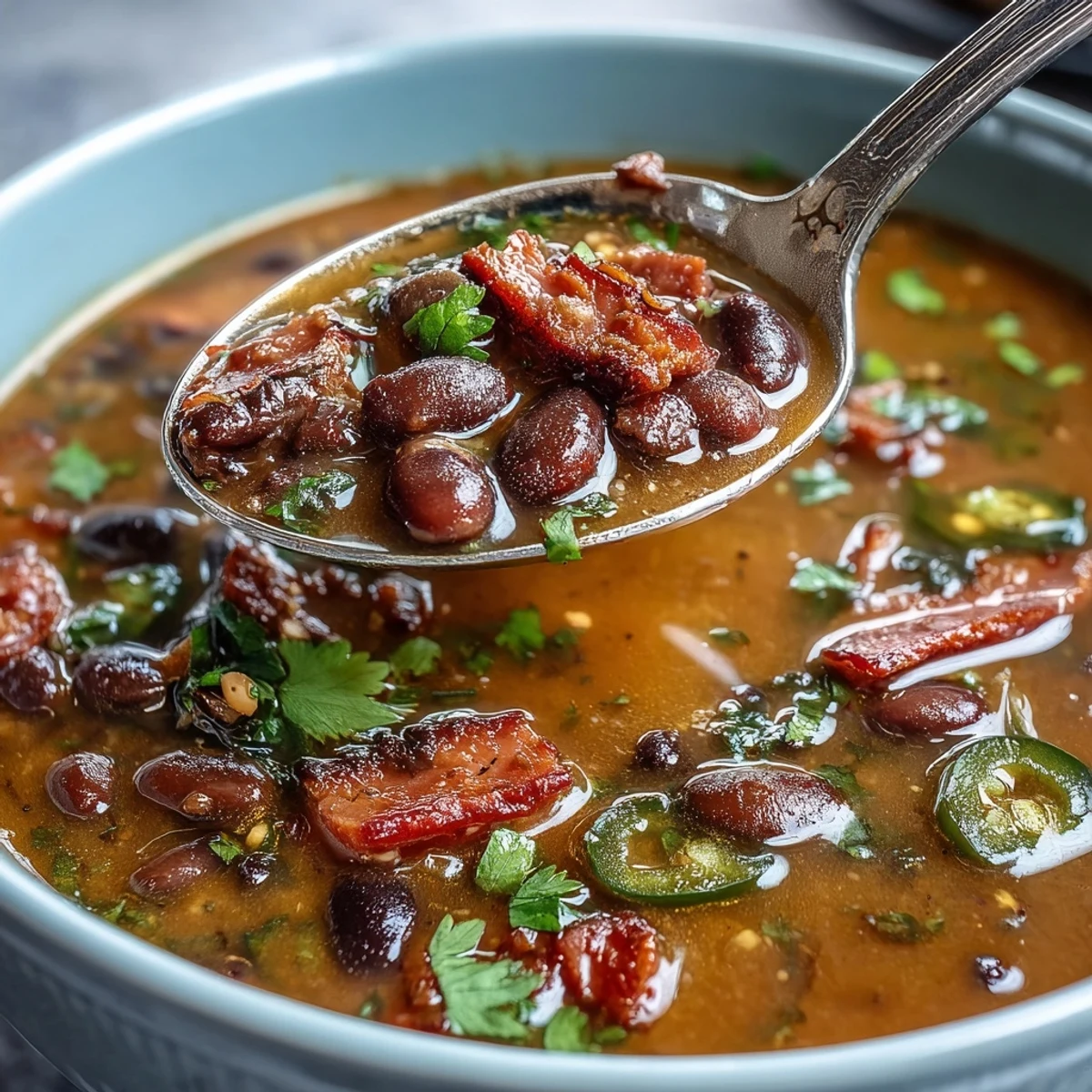 A steaming bowl of black bean and ham soup with jalapeños, garnished with fresh cilantro and served with lime wedges.  