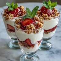 Elegant mini strawberry yogurt parfaits in shot glasses, layered with creamy Greek yogurt, fresh diced strawberries, and crunchy granola for a perfect bite-sized treat.  