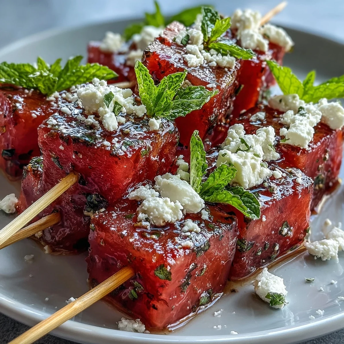 Vibrant watermelon feta skewers with fresh mint and balsamic glaze, perfect for summer parties and easy entertaining.