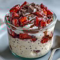 Creamy strawberry chocolate chunk overnight oats layered in a jar with fresh berries and decadent chocolate pieces.  