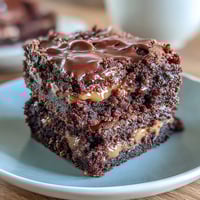 Fudgy sourdough discard brownies with rich chocolate and a luscious peanut butter swirl on top.  