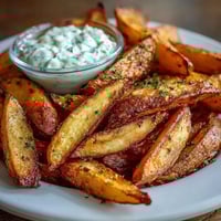 Air fryer sweet potato fries with garlic aioli, golden and crispy, served with a zesty creamy dipping sauce for a healthy snack.  