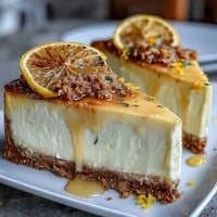 Lemon Limoncello cheesecake bars with lemon cookie crust on a white plate, garnished with fresh mint leaves and lemon slices.