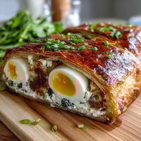 Easter Savory Pie with Hard-Boiled Eggs and Ham, a golden, flaky pastry filled with creamy ricotta, savory ham, spinach, and whole eggs, perfect for spring brunches.